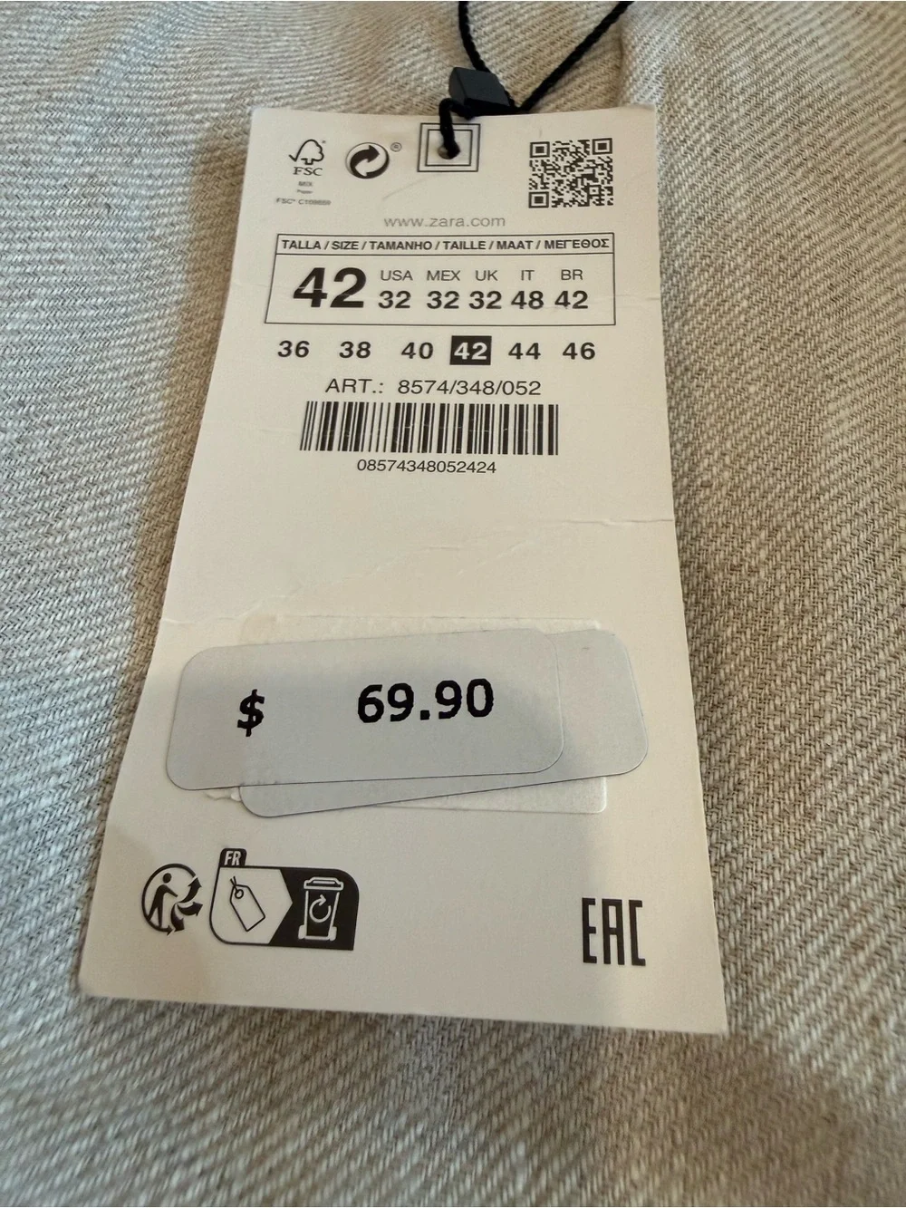 NWT Zara Men's Lightweight 100% Linen Pants in Natural Beige Size US 32 Waist